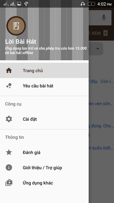 Các thiết lập trên ứng dụng Lời Bài Hát Offline