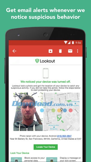 Tính năng gửi cảnh báo của Lookout Security & Antivirus cho Android