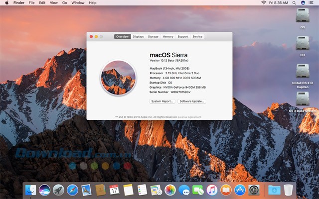 Giao diện tổng quan cho thấy đã cài đặt hệ điều hành Sierra thành công bằng công cụ macOS Sierra Patcher cho Mac