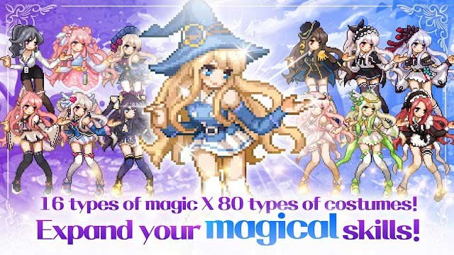 Mở rộng kỹ năng của bạn với vô số loại phép thuật và trang phục trong game Magical Girl Idle Pixel Hero