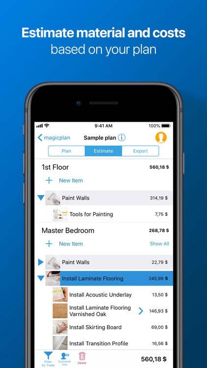 magicplan ước tính vật liệu và giá cả dựa trên kế hoạch của người dùng
