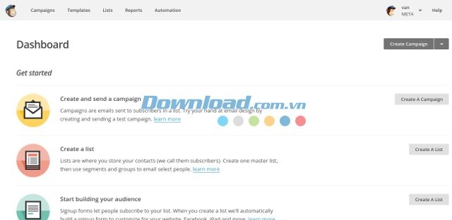 Giao diện dashboard của MailChimp