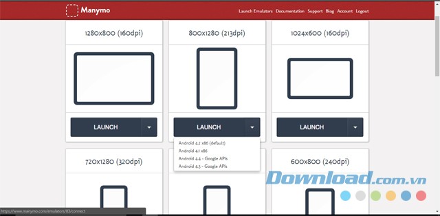 Lựa chọn kích cỡ màn hình và phiên bản hệ điều hành Android trong ứng dụng web Manymo