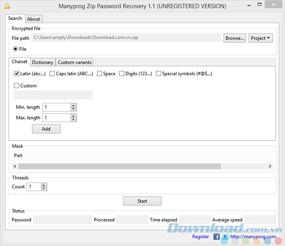 Giao diện của Manyprog Zip Password Recovery