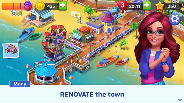 Xây dựng thị trấn nghỉ dưỡng bên bờ biển trong khi chơi Match Town Makeover
