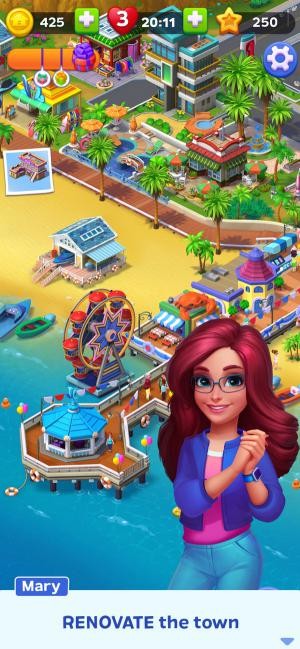 Khôi phục thành phố ven biển trong game Match Town Makeover