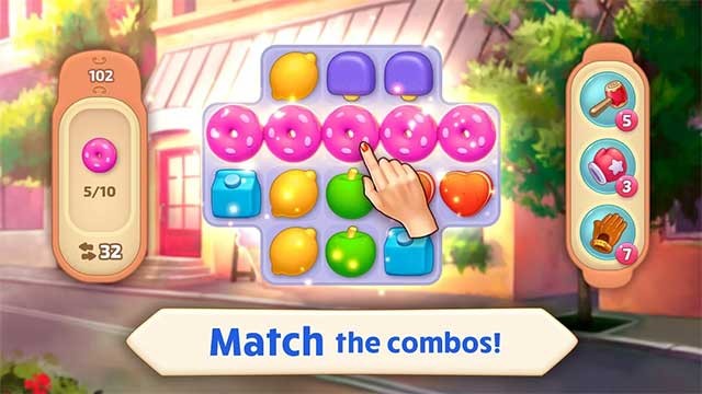 Chơi các level match-3 để kiếm tiền mua đồ nội thất cho công viên