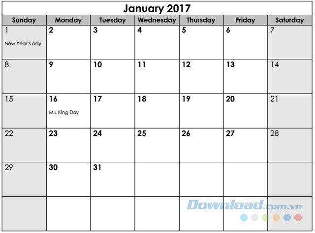 Mẫu lịch 2017