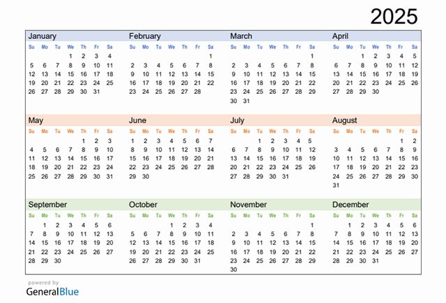 Mẫu lịch ngang 2025