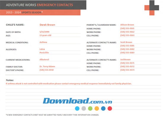 Mẫu liên lạc khẩn cấp cho các cầu thủ