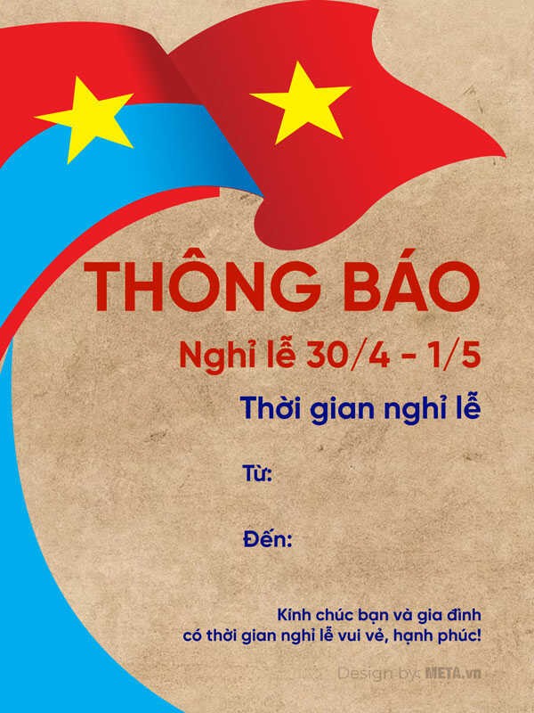 Mẫu thông báo thời gian nghỉ lễ 30-4 và 1/5 hình lá cờ
