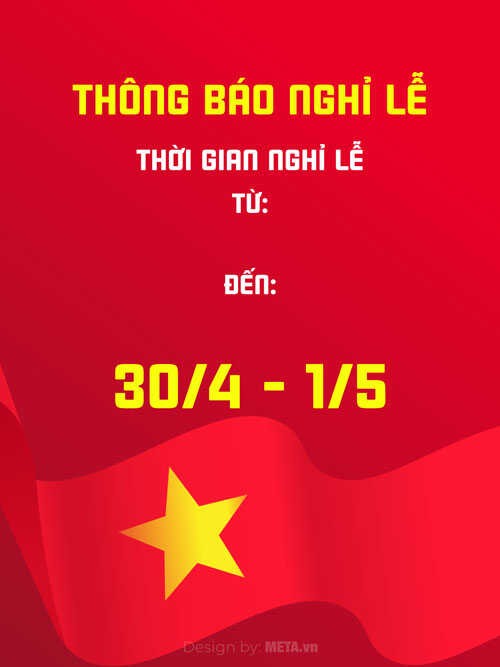 Mẫu thông báo thời gian nghỉ lễ 30/4, 1/5 (Dọc)