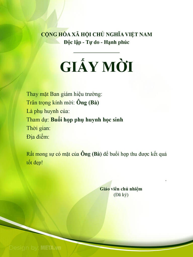 Mẫu giấy mời Họp phụ huynh đầu năm