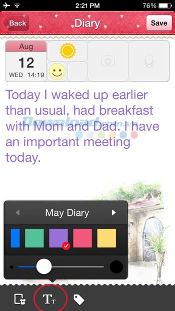 Giao diện viết nhật ký