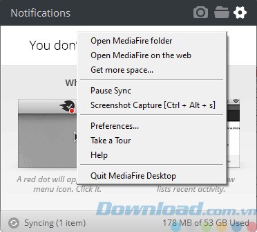Cài đặt của MediaFire Desktop
