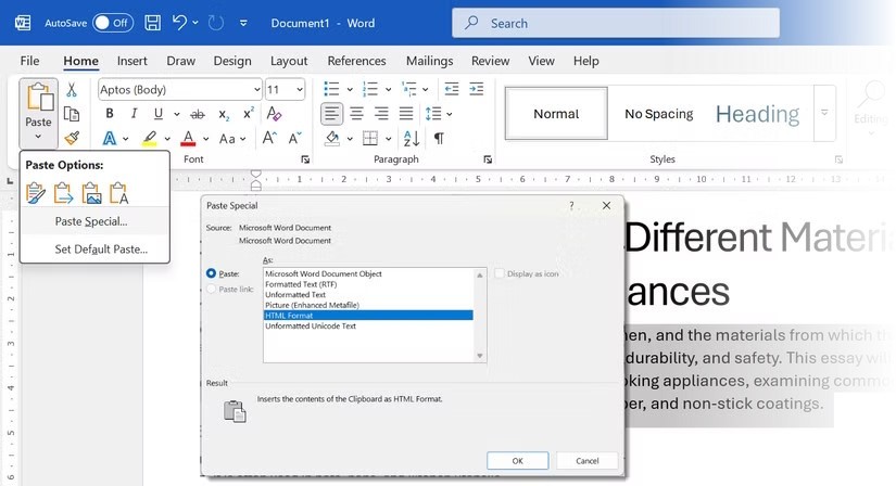 Paste Special trong Word