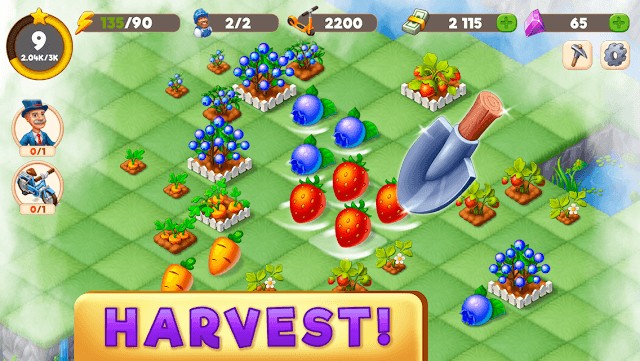 Trồng trọt và thu hoạch mùa màng trong game Mergington Town: Merge & Build