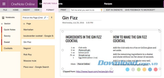 Giao diện chính của ứng dụng ghi chú miễn phí Microsoft OneNote Online