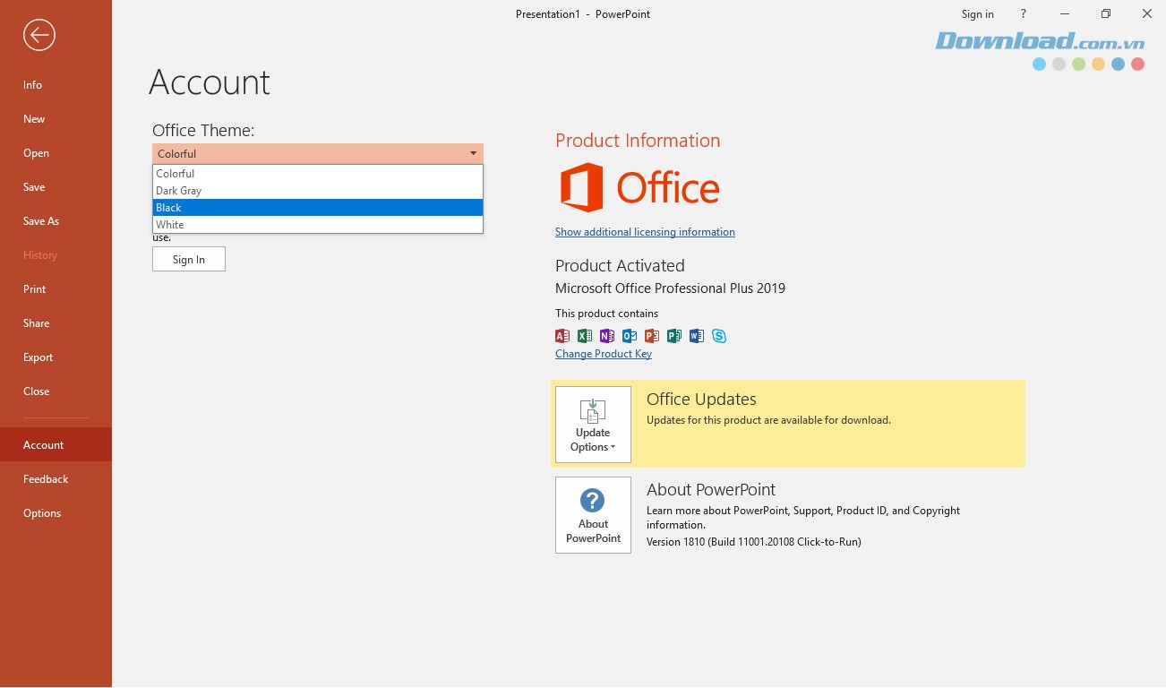 Thay đổi theme trên PowerPoint 2019