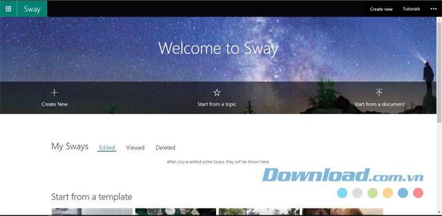 Giao diện chính của ứng dụng Microsoft Sway Online