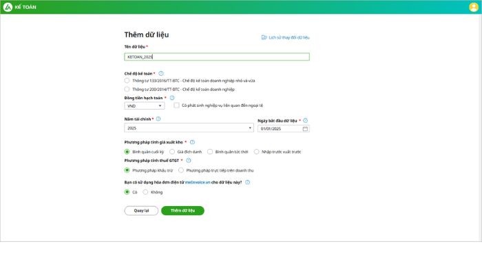 Thêm dữ liệu trên MISA ASP Kế toán Online