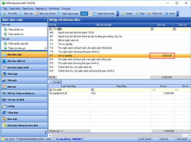 Giao diện nhập số dư ban đầu