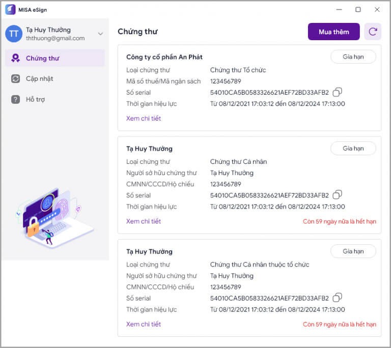 Quản lý chứng thư trên MISA eSign