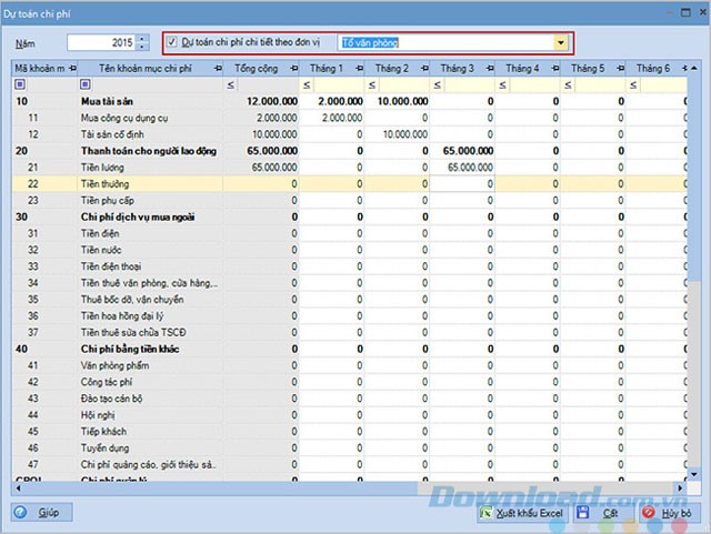 Dự toán chi phí chi tiết theo đơn vị