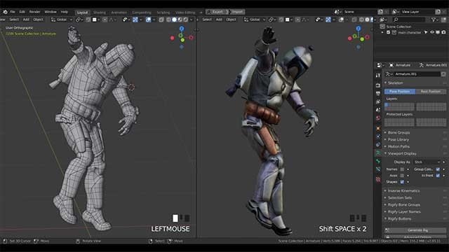 Nhân vật được tự động gắn xương (rigging)