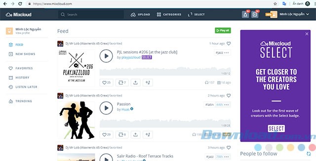 Giao diện chính của dịch vụ nghe nhạc Mixcloud 2019