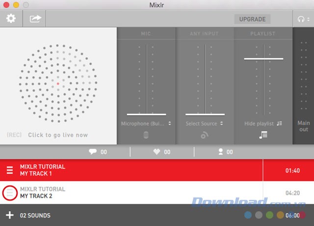 Giao diện phần mềm phát audio Mixlr cho Mac