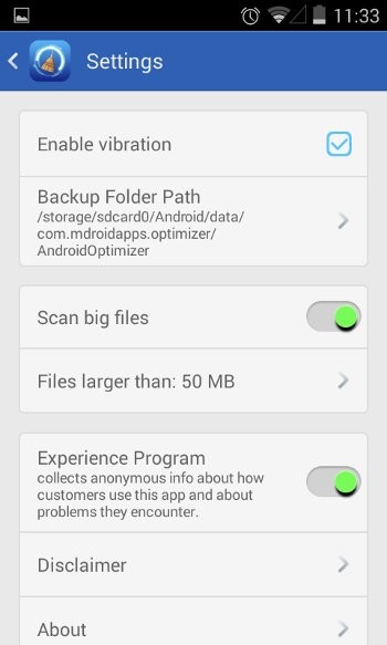 Các tùy chỉnh cải đặt của Mobile Optimizer & Cleaner l