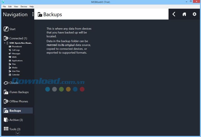 Tính năng sao lưu của MOBILedit