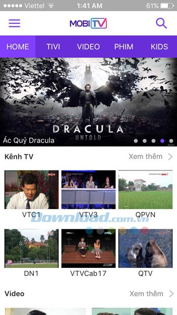 Giao diện chính của MobiTV cho iOS