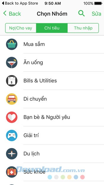 Chọn nhóm chi tiêu