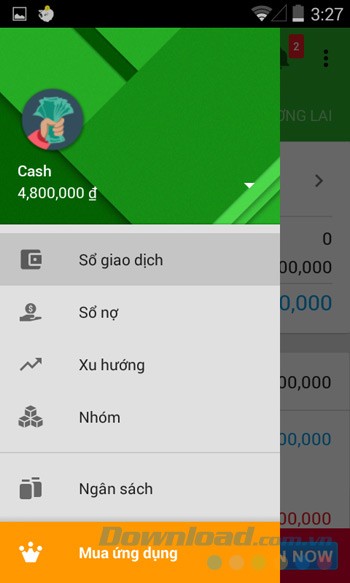 Menu chính của Money Lover cho Android
