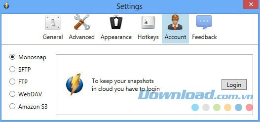Màn hình tài khoản người dùng Monosnap