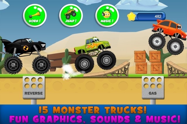 Monster Trucks Kids Racing có 15 loại xe với đồ họa bắt mắt và âm thanh vui nhộn