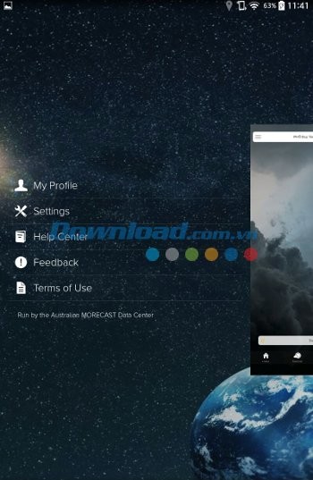 Menu ứng dụng Morecast