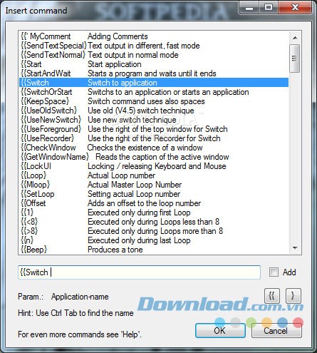 Insert command trong Mouse and Key Recorder