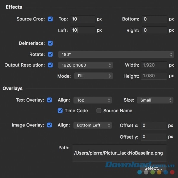 Bảng hiệu ứng của MovieRecorder cho Mac