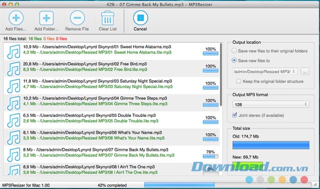 MP3Resizer cho Mac có thể nén nhiều bài hát định dạng mp3 cùng lúc