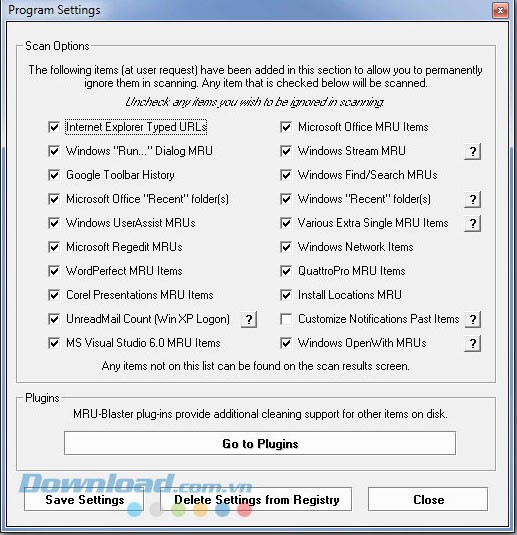 Các thiết lập của phần mềm