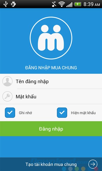 Giao diện đăng nhập Muachung