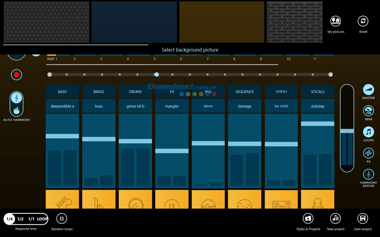 Thanh công cụ nằm hai phía trên và dưới giao diện Music Maker Jam