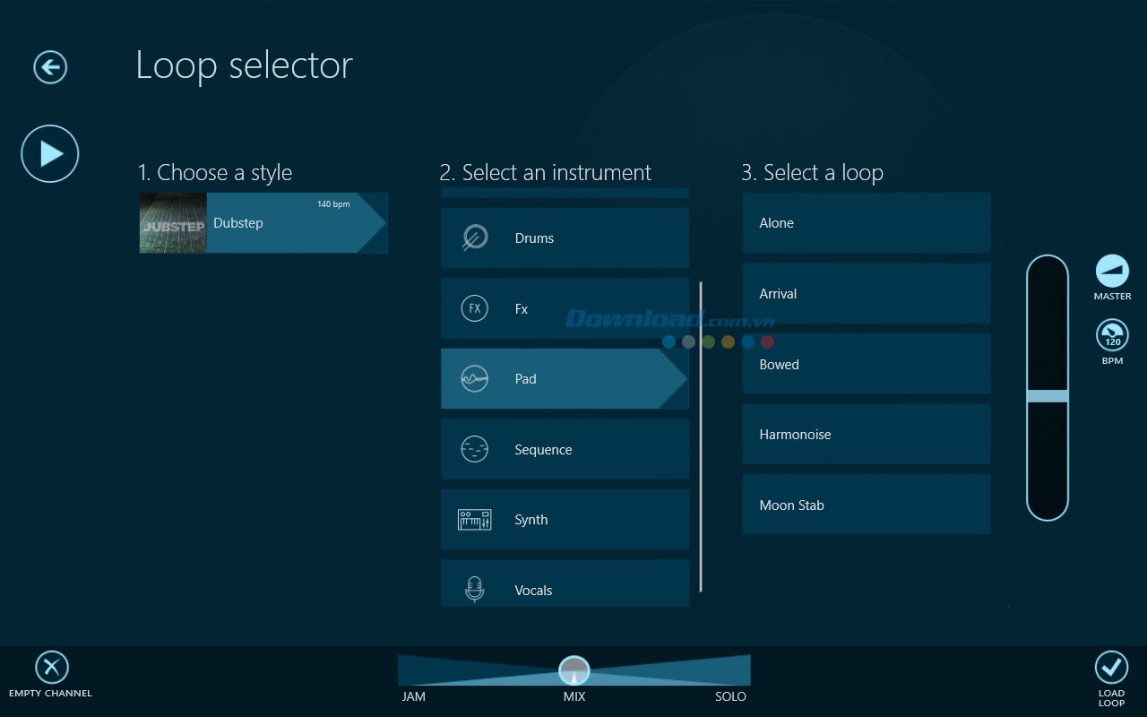 Chọn các loop mới để tạo bản nhạc mới của riêng mình trong Music Maker Jam