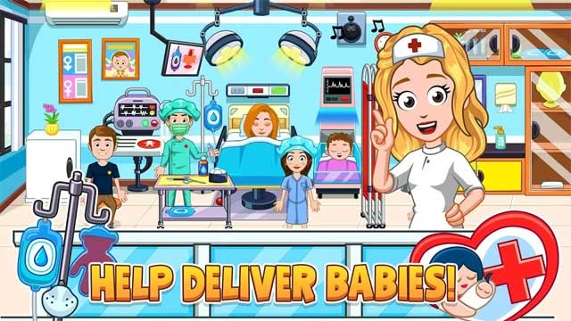 Bé có thể vào vai một y tá hỗ trợ bác sĩ trong phòng sinh của My City: Newborn Baby cho Android