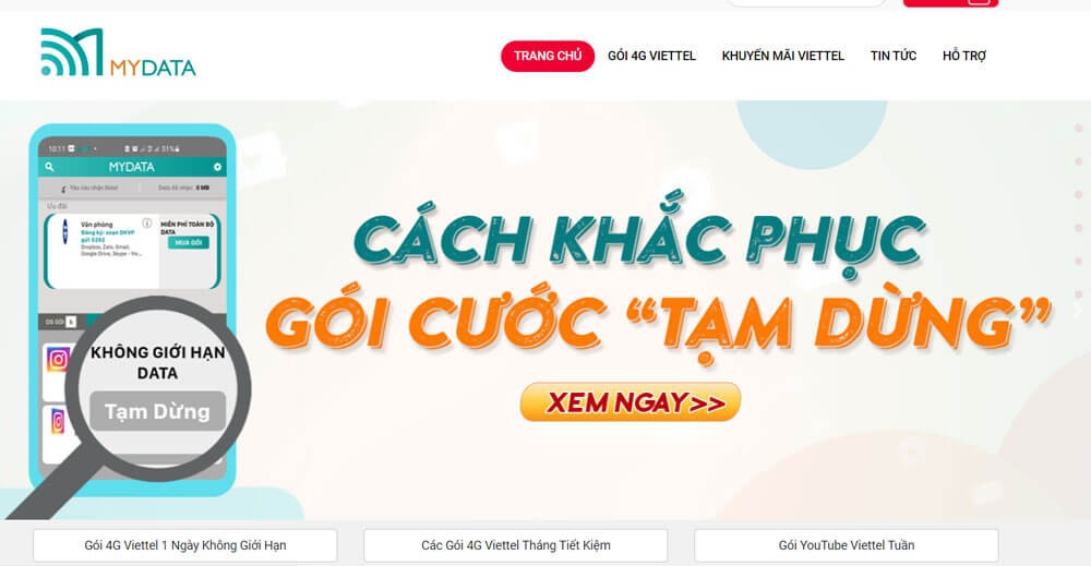 Trang chủ của MyData - Cổng cung cấp data chính thức của Viettel