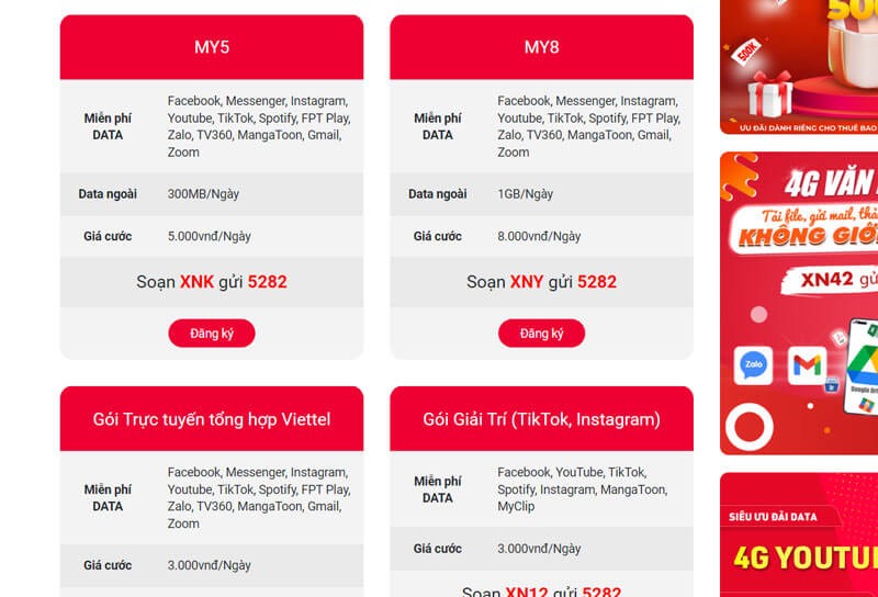 Cung cấp nhiều gói cước data với thông tin chi tiết