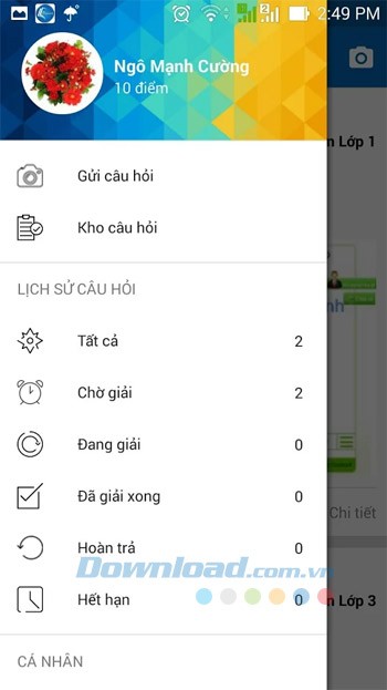 Menu chính của myHomework